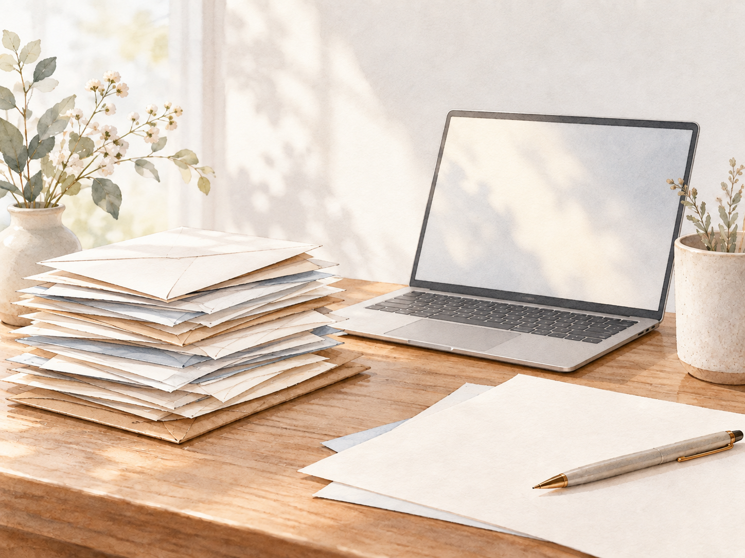 積み重なった書類とPCの水彩の挿絵
